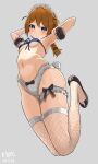  1girl arm_cuffs armpits arms_up baba_konomi bare_shoulders black_footwear blue_eyes blush braid breasts brown_hair bunny_tail commentary fishnet_legwear fishnets full_body grey_background halterneck highres idolmaster idolmaster_million_live! long_hair looking_at_viewer midriff myeolchi navel panties single_braid small_breasts solo spaghetti_strap sweatdrop tail thigh-highs thigh_strap underwear underwear_only white_legwear white_panties 