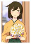 1girl blush border bouquet brown_hair flower green_hakama hakama hakama_skirt hiryuu_(kantai_collection) holding holding_bouquet iwana japanese_clothes kantai_collection looking_at_viewer one_side_up short_hair smile solo upper_body white_border wide_sleeves 