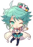  1boy ;p ahoge akanbe black_legwear blush boots chibi closed_mouth crop_top full_body green_eyes green_hair hair_ornament hairclip hat hat_pin holostars jacket kagami_kira long_sleeves looking_at_viewer male_focus midriff navel necktie nyokkiiiiin one_eye_closed otoko_no_ko pleated_skirt pom_pom_(clothes) skirt smile solo thigh-highs thigh_boots tongue tongue_out transparent_background virtual_youtuber 