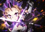  1girl absurdres armor blonde_hair clenched_teeth commentary_request dual_wielding electricity glowing glowing_weapon headgear highres holding looking_at_viewer senki_zesshou_symphogear short_hair solo sword tachibana_hibiki_(symphogear) teeth tsurime violet_eyes weapon yukitsuba_hina 