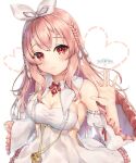  atelier_live bangs bare_shoulders braid breasts closed_mouth dress eyebrows_visible_through_hair highres large_breasts open_mouth petals pink_hair pinku red_eyes ribbon silverpixia virtual_youtuber white_background white_dress white_ribbon 