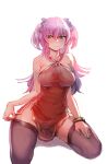  1girl bare_arms bare_shoulders blush bow bow_(bhp) breasts brown_legwear closed_mouth contrapposto dress hair_bow hand_on_thigh kneeling large_breasts long_hair looking_at_viewer orange_eyes original pelvic_curtain pink_hair purple_bow red_dress short_dress simple_background solo thigh-highs two_side_up white_background 