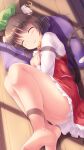  1girl :3 animal_ear_fluff animal_ears bare_shoulders blush brown_hair cat_ears cat_tail chen closed_eyes eyebrows_visible_through_hair fetal_position hat highres lying lzh mob_cap multiple_tails on_side panties pantyshot short_hair solo tail touhou two_tails underwear 