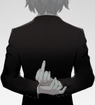  1boy arms_behind_back avogado6 black_jacket facing_away fingernails from_behind grey_background grey_hair jacket long_sleeves male_focus middle_finger original shirt short_hair simple_background solo white_shirt 