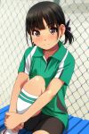  1girl absurdres bangs bike_shorts black_hair black_shorts blush brown_eyes chain-link_fence closed_mouth collared_shirt eyebrows_visible_through_hair feet_out_of_frame fence green_shirt hair_ribbon highres knee_up kneehighs leg_hug looking_at_viewer low_twintails matsunaga_kouyou nose_blush on_bench original purple_ribbon ribbon shirt short_shorts short_sleeves shorts sitting sitting_on_bench smile solo twintails white_legwear 