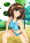  1girl bare_arms bare_shoulders breasts brown_eyes brown_hair countdown crop_top hairband haruhisky highres medium_breasts midriff navel number open_mouth ribbon short_hair solo stomach stretch suzumiya_haruhi suzumiya_haruhi_no_yuuutsu sweat yellow_hairband yellow_ribbon 