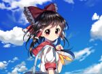  artist_name bag blush bow brown_hair clouds commentary dated hair_bow hair_tubes hakurei_reimu hand_up kimautomne long_hair looking_at_viewer neckerchief red_bow red_eyes sailor_collar shirt short_sleeves shoulder_bag touhou upper_body white_shirt yellow_neckwear 