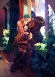  1boy 1girl absurdres armor artist_name ayuuniiart balcony boots caspar_von_bergliez commission english_commentary fine_art_parody fire_emblem fire_emblem:_three_houses highres hilda_valentine_goneril hug imminent_kiss juliet_capulet older parody romeo_and_juliet romeo_montague thigh-highs thigh_boots 