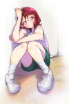  1girl :o arm_rest armpit_peek blush commentary_request foreshortening green_shorts gym gym_shirt gym_shorts gym_uniform hair_ornament hairpin hanadera_nodoka healin&#039;_good_precure highres indoors knee_up knees_together_feet_apart looking_at_viewer open_mouth pink_eyes pink_hair precure rikito1087 shirt shoes short_hair shorts sitting sneakers socks solo sweat thighs white_legwear white_shirt 