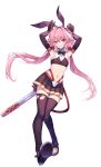  1boy absurdres armpits astolfo_(fate) astolfo_(saber)_(fate) bare_shoulders belt black_bow black_gloves black_legwear black_neckwear black_ribbon black_shirt black_skirt blush bow bowtie crop_top elbow_gloves fate/grand_order fate_(series) full_body gloves hair_intakes highres long_hair long_sleeves looking_at_viewer low_twintails male_focus midriff multicolored_hair navel otoko_no_ko pink_hair pleated_skirt ribbon shirt skirt smile streaked_hair thigh-highs twintails violet_eyes white_hair 