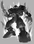  absurdres bionicle glowing glowing_eyes grey_background greyscale highres holding holding_weapon jeetdoh looking_down monochrome no_humans open_hands robot staff teridax the_lego_group weapon white_eyes 