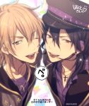 2boys ;d bangs black_hair black_headwear blurry brown_eyes collared_shirt commentary_request cross cross_necklace depth_of_field ensemble_stars! eyebrows_visible_through_hair hair_between_eyes hakaze_kaoru hat headset jacket jewelry light_brown_hair looking_at_viewer male_focus mashima_shima microphone multiple_boys necklace one_eye_closed open_clothes open_jacket open_mouth peaked_cap purple_shirt red_eyes sakuma_rei_(ensemble_stars!) shared_speech_bubble shiny shiny_hair shirt single_earring smile speech_bubble translation_request triangle twitter_username upper_body upper_teeth