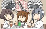  3girls adapted_turret ahoge alternate_costume bangs blunt_bangs brown_eyes brown_hair cake cannon chair commentary_request dated drink drinking_straw folded_ponytail food grey_hair hamu_koutarou headband highres imagining inazuma_(kantai_collection) kantai_collection kasumi_(kantai_collection) kishinami_(kantai_collection) long_hair multiple_girls short_hair side_ponytail sipping sitting sweater table turret upper_body wavy_hair white_headband white_sweater 