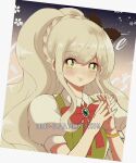  1990s_(style) 1girl bangs black_bow blonde_hair blush bow braid closed_mouth collared_shirt criis-chan dangan_ronpa dress eyebrows_visible_through_hair gem green_eyes hands_clasped long_hair looking_at_viewer own_hands_together pinafore_dress ponytail puffy_short_sleeves puffy_sleeves red_bow shirt short_sleeves smile solo sonia_nevermind super_dangan_ronpa_2 symbol_commentary twitter_username upper_body 