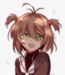  1girl :d antenna_hair bangs black_shirt blurry brown_hair cardcaptor_sakura cherry_blossoms depth_of_field eyebrows_visible_through_hair floating_hair green_eyes grey_background hair_between_eyes hair_bobbles hair_ornament happy kinomoto_sakura looking_at_viewer maro_(lij512) neckerchief open_mouth petals sailor_collar school_uniform shirt short_hair short_twintails signature simple_background smile solo tomoeda_elementary_school_uniform twintails upper_body upper_teeth white_neckwear white_sailor_collar 