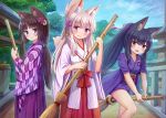  3girls :d absurdres animal_ear_fluff animal_ears bamboo_broom bangs black_hair blue_eyes blush broom brown_eyes brown_hair building cat_ears closed_mouth commentary_request day eyebrows_visible_through_hair fang flower fox_ears fox_girl hair_between_eyes hair_flower hair_ornament hair_ribbon hakama highres holding holding_broom iroha_(iroha_matsurika) japanese_clothes kimono long_hair long_sleeves looking_at_viewer miko multiple_girls obi open_mouth original outdoors pink_ribbon ponytail purple_flower purple_hakama purple_kimono railing red_hakama ribbon sash short_kimono short_sleeves smile standing tasuki tree very_long_hair violet_eyes white_kimono wide_sleeves yagasuri 