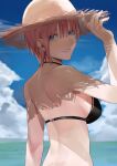  1girl back bangs beach bikini black_bikini blazpu blue_eyes blunt_bangs breasts clouds earrings from_behind go-toubun_no_hanayome hair_behind_ear hand_on_headwear hat highres jewelry looking_back medium_breasts nakano_ichika ocean parted_lips pink_hair sideboob smile solo summer sun_hat swimsuit 