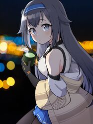  1girl bangs bare_shoulders black_gloves black_hair black_legwear blue_headband blue_skirt breasts coat cup detached_sleeves eyebrows_visible_through_hair girls_frontline gloves hair_flaps headband highres holding holding_cup junsuina_fujunbutsu long_hair looking_at_viewer medium_breasts mod3_(girls_frontline) mole mole_under_eye off-shoulder_coat open_clothes open_coat pantyhose pleated_skirt shirt skirt sleeveless sleeveless_shirt solo super_sass_(girls_frontline) teacup violet_eyes 