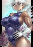  1girl bangs bare_shoulders biceps blue_eyes blue_leotard breasts collar gloves highleg highleg_leotard highres large_breasts leotard looking_at_viewer metal_collar muscle muscular_female original pointy_ears short_hair signo_aaa silver_hair white_gloves 