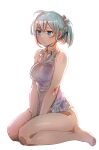  1girl :/ ahoge bare_legs bare_shoulders barefoot between_legs blue_eyes blue_hair blush bow bow_(bhp) breast_squeeze breasts closed_mouth collared_shirt grey_shirt hair_bow hand_between_legs large_breasts original purple_shirt shirt short_hair simple_background sitting sleeveless sleeveless_shirt solo twintails v_arms wariza white_background wing_collar 