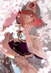  1girl blurry cherry_blossoms depth_of_field dutch_angle fan finger_to_mouth hair_over_one_eye highres joniko1110 looking_at_viewer paper_fan pink_hair red_eyes saigyouji_yuyuko short_hair solo touhou wide_sleeves 