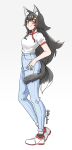  1girl absurdres adapted_costume alkyun animal_ear_fluff animal_ears ankle_socks black_legwear black_tail blue_pants denim hair_ornament hairclip highres hololive jeans long_hair looking_at_viewer multicolored_hair ookami_mio pants ringer_t-shirt shirt shirt_tucked_in shoes skinny_jeans smile sneakers solo standing t-shirt tail tail_wrap two-tone_footwear two-tone_hair very_long_hair white_shirt wolf_ears wolf_girl wolf_tail yellow_eyes 
