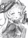  1girl blush from_side gloves greyscale grin hat highres hololive looking_at_viewer looking_to_the_side monochrome murasaki_shion nanashi_(nlo) one_eye_closed simple_background smile solo star_(symbol) upper_body v white_background witch_hat 