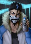 1boy artist_name black_hair blue_eyes blue_hair bruno_bangnyfe burn_the_witch coat fur_trim highres looking_at_viewer male_focus mask multicolored_hair smetism solo spiky_hair spray_can spray_paint two-tone_hair upper_body 