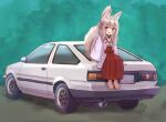  1girl :d animal_ear_fluff animal_ears bangs barefoot blush car commentary_request eyebrows_visible_through_hair fox_ears fox_girl fox_tail grey_hair ground_vehicle hair_between_eyes hair_ornament hakama highres iroha_(iroha_matsurika) japanese_clothes kimono long_hair long_sleeves looking_at_viewer miko motor_vehicle on_vehicle open_clothes open_mouth original red_hakama sitting sleeves_past_wrists smile solo tail tail_raised toyota_sprinter_trueno very_long_hair violet_eyes white_hair white_kimono wide_sleeves 