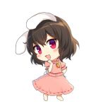  1girl animal_ears bangs black_hair carrot_necklace chibi eyebrows_visible_through_hair floppy_ears full_body hand_on_hip hand_on_own_chin inaba_tewi looking_at_viewer lowres medium_hair open_mouth pink_shirt pink_skirt rabbit_ears red_eyes red_ribbon ribbon ribbon-trimmed_skirt ribbon_trim shirt short_sleeves simple_background skirt smile solo touhou white_background yada_(xxxadaman) 