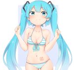  1girl abmayo absurdres bangs bare_arms bare_shoulders bikini blush breasts closed_mouth collarbone commentary_request cowboy_shot eyebrows_visible_through_hair front-tie_bikini front-tie_top halterneck hands_up hatsune_miku highres long_hair looking_at_viewer navel panties simple_background smile solo standing stomach_tattoo striped striped_bikini swimsuit tattoo thigh_gap twintails underwear very_long_hair vocaloid 