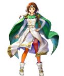  1girl asatani_tomoyo bangs boots bracelet bridal_gauntlets brown_eyes brown_hair brown_legwear cape dress fire_emblem fire_emblem:_thracia_776 fire_emblem_heroes full_body gold_trim green_cape highres jewelry long_hair long_sleeves miranda_(fire_emblem) official_art thigh-highs transparent_background white_footwear 