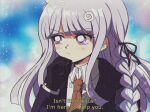  1990s_(style) 1girl bangs black_gloves black_ribbon blush braid brown_neckwear collared_shirt criis-chan dangan_ronpa dangan_ronpa_1 derivative_work english_commentary food food_on_head gloves hair_ornament hair_ribbon hand_up jacket kirigiri_kyouko long_hair looking_to_the_side necktie noodles object_on_head pink_eyes portrait purple_hair purple_jacket ramen ribbon screencap_redraw shirt side_braid single_braid solo subtitled thinking white_shirt 