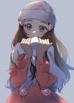  1girl beanie blush brown_hair coat commentary_request hikari_(pokemon) eyelashes grey_eyes hair_ornament hairclip hands_up hat head_tilt highres holding holding_clothes holding_scarf long_hair long_sleeves looking_at_viewer myuuu_ay pokemon pokemon_(game) pokemon_dppt pokemon_platinum scarf solo upper_body white_headwear white_scarf 