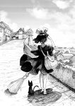  1girl bag broom building cat clouds cluseller commentary_request day dress from_behind full_body gradient_sky greyscale hair_ribbon hand_up heel_up highres holding house jiji_(majo_no_takkyuubin) kiki majo_no_takkyuubin monochrome outdoors outline ribbon road shading_eyes shiny shiny_hair shoes short_hair short_sleeves shoulder_bag sky solo_focus standing traditional_media tree white_outline wide_sleeves 