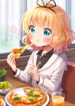  1girl :t aqua_eyes bangs black_shirt blonde_hair blush commentary curtains eating eyebrows_visible_through_hair food glass gochuumon_wa_usagi_desu_ka? heart indoors kirima_sharo long_sleeves medium_hair mozukun43 necktie pizza plaid_neckwear school_uniform shirt solo table tedeza_rize&#039;s_school_uniform twitter_username wavy_hair window 