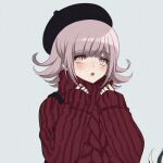  1girl alternate_costume bangs black_headwear blunt_bangs blush commentary criis-chan dangan_ronpa english_commentary eyebrows_visible_through_hair flipped_hair grey_background hands_up light_brown_hair long_sleeves looking_at_viewer lowres nanami_chiaki open_mouth pink_eyes red_sweater ribbed_sweater simple_background sleeves_past_wrists solo super_dangan_ronpa_2 sweater upper_body upper_teeth 