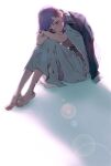  1girl barefoot dress fate/stay_night fate_(series) hair_ribbon heaven&#039;s_feel highres jacket jacket_on_shoulders kinkan_(rerorero_o) leg_hug matou_sakura purple_hair ribbon simple_background sitting_on_floor solo violet_eyes 