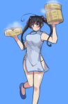  1girl :t absurdres ahoge alternate_costume alternate_hairstyle antyobi0720 bangs baozi black_hair black_panties blue_background blue_eyes blue_footwear bracelet china_dress chinese_clothes closed_mouth commentary dress eating eyebrows_visible_through_hair flats food food_on_face full_body girls_und_panzer hair_ornament high_collar highres holding holding_tray isuzu_hana jewelry leg_up long_hair looking_at_viewer panties short_dress side_slit simple_background sleeveless sleeveless_dress solo standing standing_on_one_leg steam tray underwear waitress 