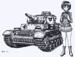  1girl ballpoint_pen_(medium) bangs boots closed_mouth commentary count_(emblem) count_military_uniform girls_und_panzer girls_und_panzer_momi_no_ki_to_tetsu_no_hane_no_majo greyscale ground_vehicle headphones highres holding holding_headphones jacket jacket_on_shoulders kohiyama_noemi long_sleeves looking_at_viewer messy_hair military military_vehicle miniskirt monochrome motor_vehicle nspa_(spa-jcs) panzerkampfwagen_iii short_hair skirt smile solo standing tank throat_microphone traditional_media twitter_username 