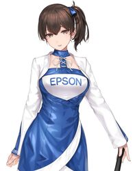  1girl alternate_costume blue_dress breasts brown_eyes brown_hair cowboy_shot dress epson hair_ribbon highres kaga_(kantai_collection) kantai_collection large_breasts long_hair long_sleeves racequeen ribbon rokuwata_tomoe side_ponytail white_background 