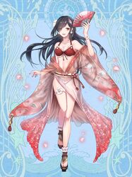  1girl bikini black_hair blue_background dairoku_youhei earrings eyes_visible_through_hair fan flower geta hair_flower hair_ornament hair_over_one_eye hand_up holding holding_fan horai_mio jewelry kusunokinawate long_hair navel red_bikini red_eyes red_nails see-through simple_background solo standing swimsuit thigh_strap wide_sleeves 