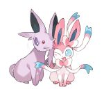  blush commentary_request espeon eye_contact gen_2_pokemon gen_6_pokemon looking_at_another newo_(shinra-p) no_humans one_eye_closed open_mouth outline paws pokemon pokemon_(creature) purple_fur simple_background sitting sylveon tongue white_background 