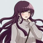  1girl bangs blunt_bangs blush brown_eyes commentary criis-chan dangan_ronpa english_commentary grey_background hand_up long_hair long_sleeves looking_at_viewer lowres mole mole_under_eye open_mouth purple_hair simple_background sleeves_past_wrists solo striped super_dangan_ronpa_2 sweater tears tsumiki_mikan turtleneck upper_body very_long_hair 