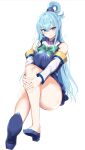  1girl :q absurdres aqua_(konosuba) blue_eyes blue_footwear blue_hair blush bow bowtie breasts detached_sleeves eyebrows_visible_through_hair full_body green_neckwear hair_between_eyes hair_rings hanasaka_houcha highres kono_subarashii_sekai_ni_shukufuku_wo! legs long_hair looking_at_viewer medium_breasts naughty_face simple_background solo thighs tongue tongue_out white_background 