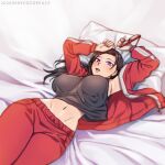  1girl arms_up artist_name bed breasts brown_hair cocopeace covered_nipples demi-chan_wa_kataritai eyewear_removed jacket large_breasts long_hair lying navel on_back on_bed open_mouth pants pillow red_jacket red_pants satou_sakie solo track_jacket violet_eyes 