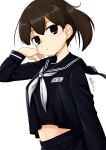  1girl alternate_costume black_sailor_collar black_serafuku brown_eyes brown_hair commentary_request highres kaga_(kantai_collection) kantai_collection long_hair name_tag nassukun neckerchief sailor_collar school_uniform serafuku side_ponytail simple_background solo twitter_username white_background white_neckwear 