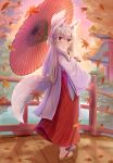  1girl absurdres animal_ear_fluff animal_ears autumn_leaves bangs blush bridge brown_footwear closed_mouth commentary_request eyebrows_visible_through_hair fox_ears fox_girl fox_tail full_body hair_between_eyes hair_ribbon hakama highres holding holding_umbrella iroha_(iroha_matsurika) japanese_clothes kimono leaf long_hair long_sleeves looking_at_viewer looking_to_the_side maple_leaf miko no_socks oriental_umbrella original outdoors purple_ribbon red_hakama red_umbrella ribbon ribbon_trim smile solo standing tail torii umbrella very_long_hair violet_eyes water white_hair white_kimono wide_sleeves zouri 