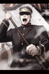  :o day facing_viewer flag golden_kamuy grey_sky hanazawa_yusaku hat highres holding holding_flag long_sleeves male_focus menma_kozo military military_hat military_uniform outdoors sheath sheathed silhouette solo_focus standing sword uniform weapon 