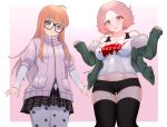  2girls absurdres blush cosplay costume_switch fur-trimmed_jacket fur_trim glasses highres jacket long_hair looking_at_viewer multiple_girls okumura_haru open_mouth orange_hair persona persona_5 pleated_skirt renefu sakura_futaba shirt short_hair simple_background skirt white_shirt zipper zipper_pull_tab 